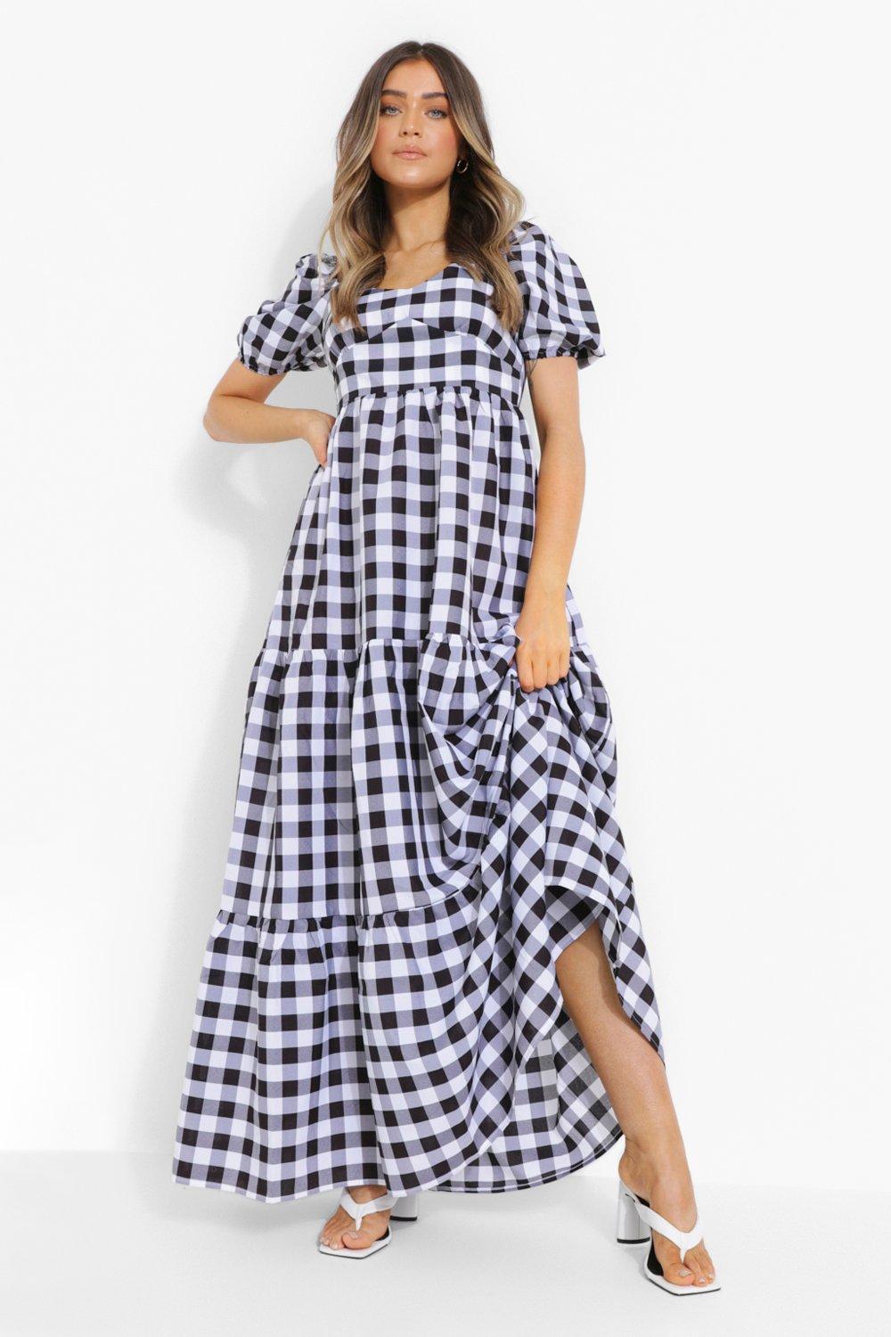 Gingham Puff Sleeve Tiered Maxi Dress ...