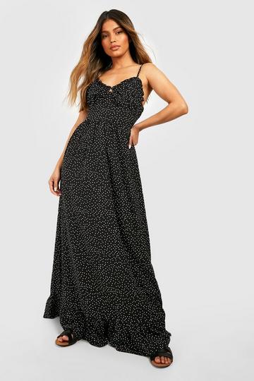 Polka Dot Ruched Bust Frill Hem Maxi Dress black