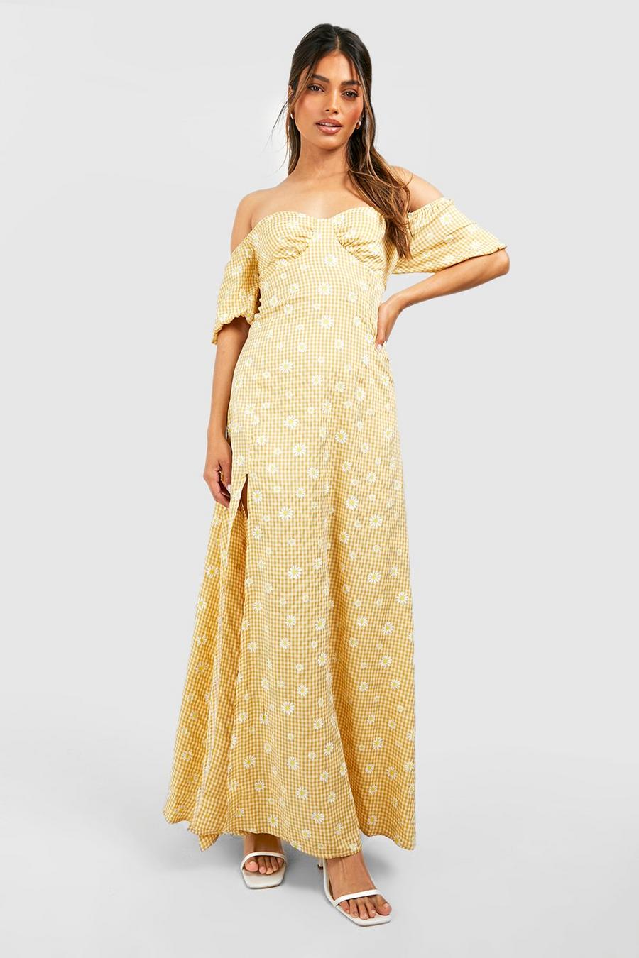 Mustard yellow Gingham Daisy Puff Sleeve Bardot Maxi Dress