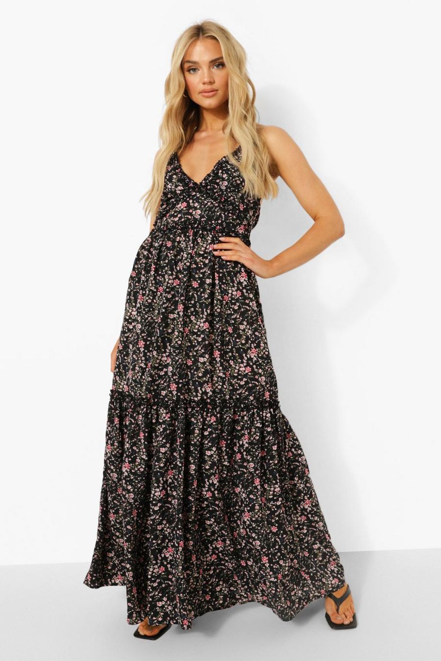 Black Ditsy Floral Plunge Ruffle Tiered Maxi Dress image number 1