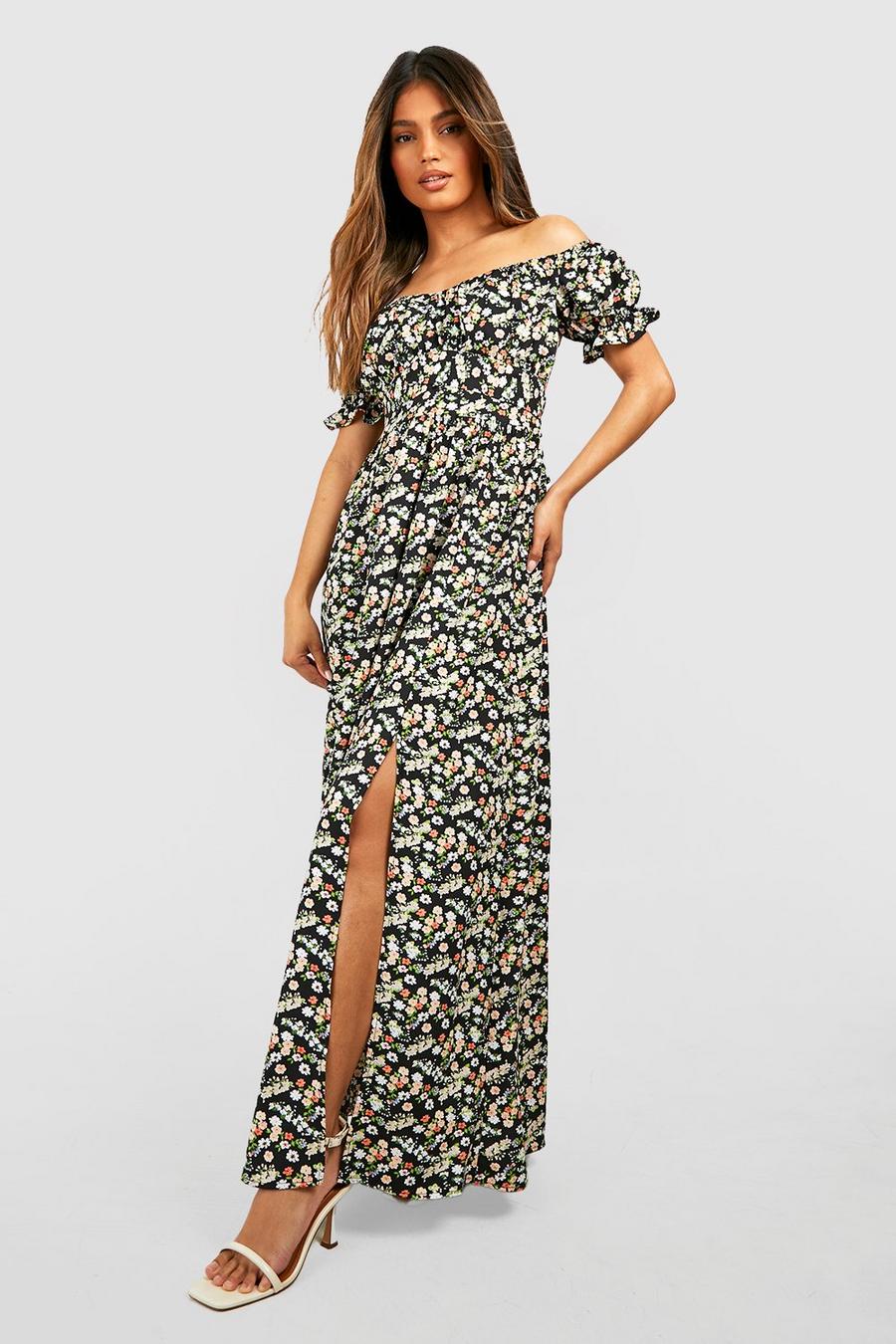 Black Floral Bardot Shirred Bust Split Maxi Dress image number 1