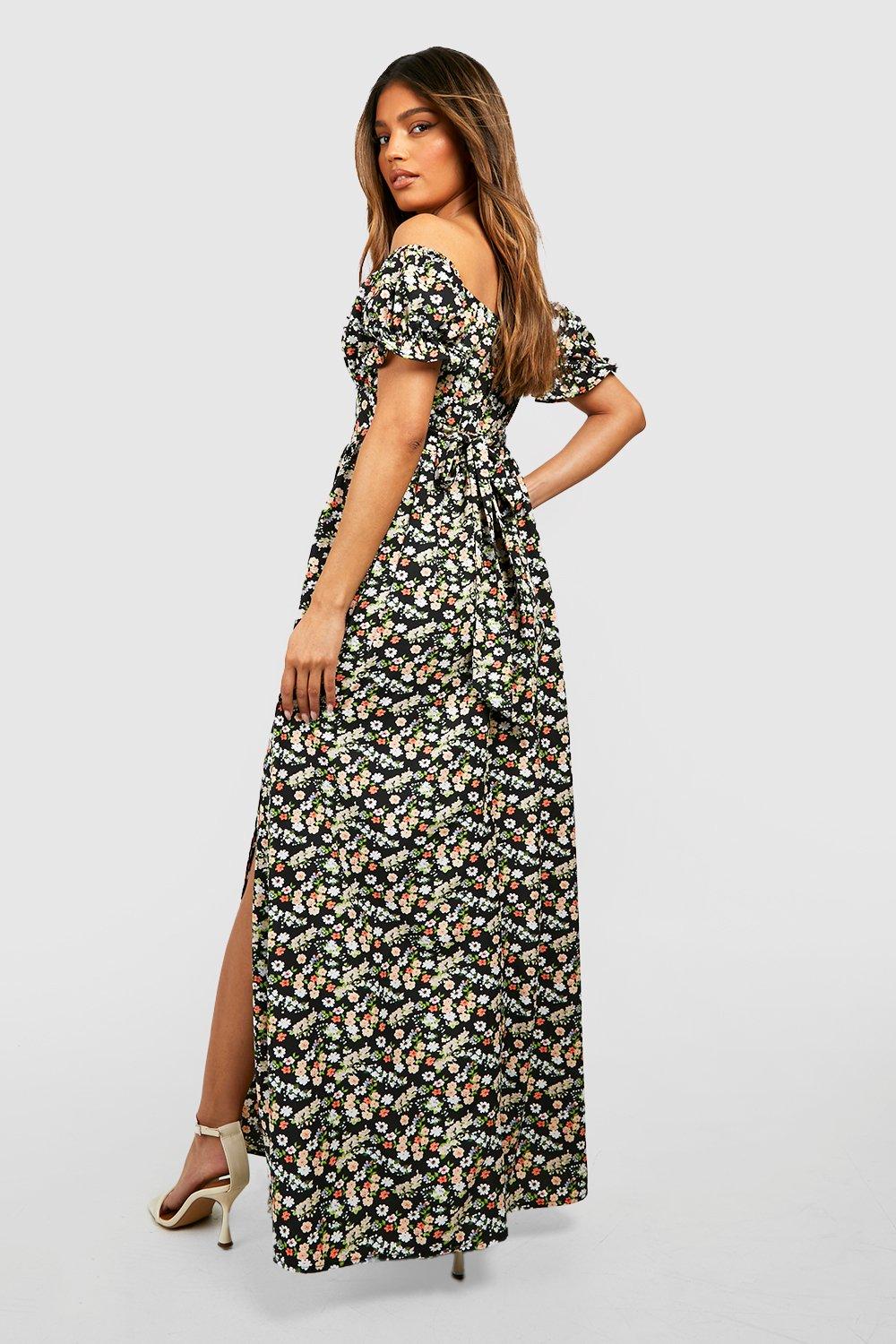 Black floral best sale bardot dress