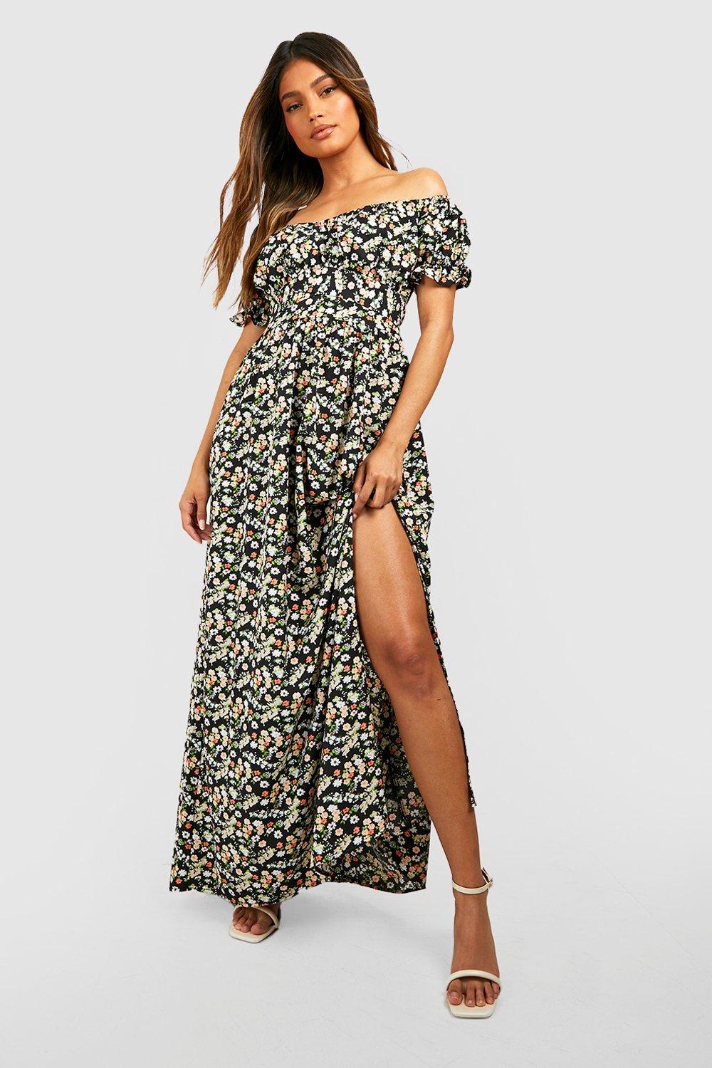 Women s Floral Bardot Shirred Bust Split Maxi Dress Boohoo UK