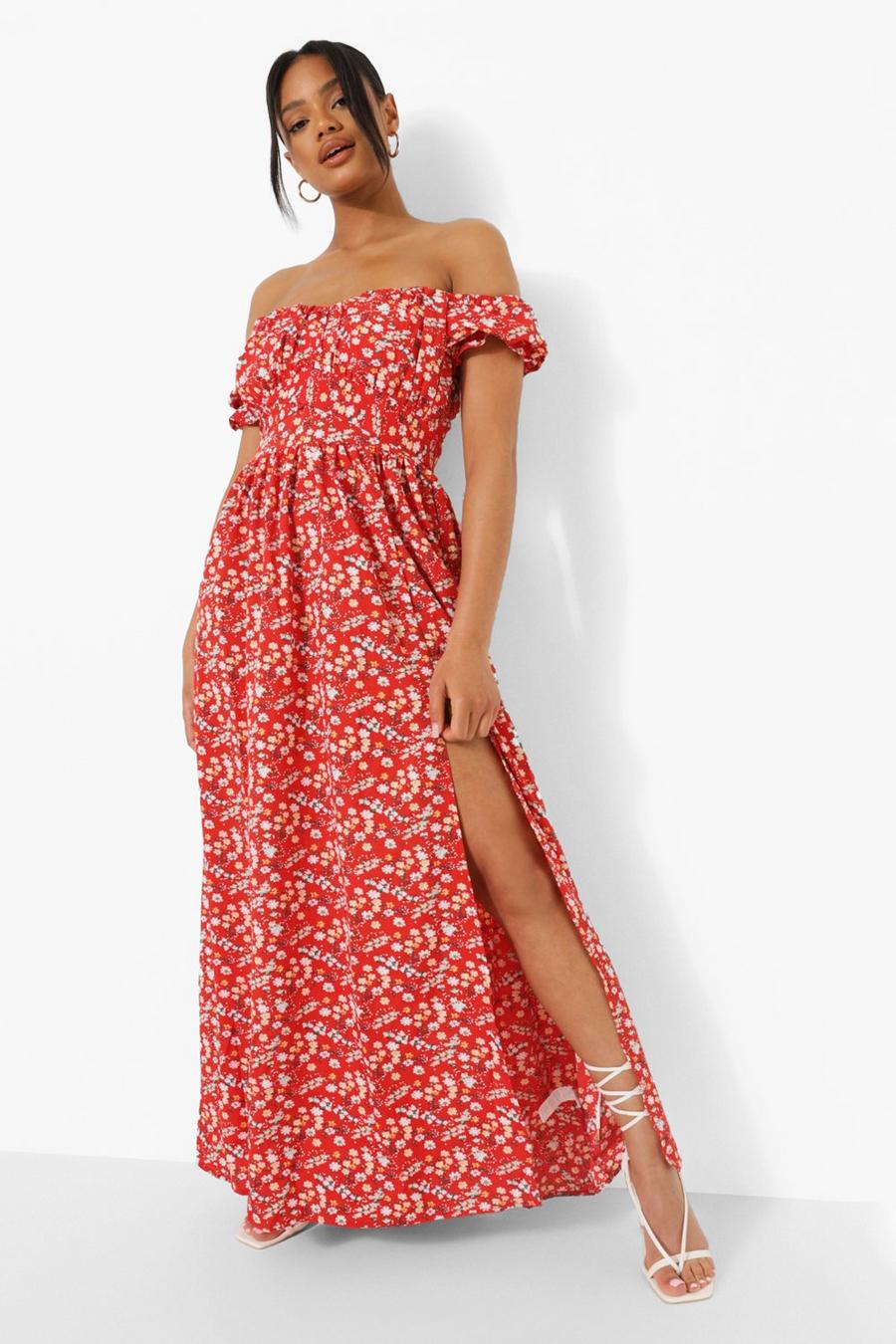 Red Floral Bardot Shirred Bust Split Maxi Dress