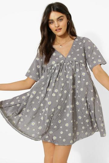 Gingham Daisy V Neck Smock Dress black