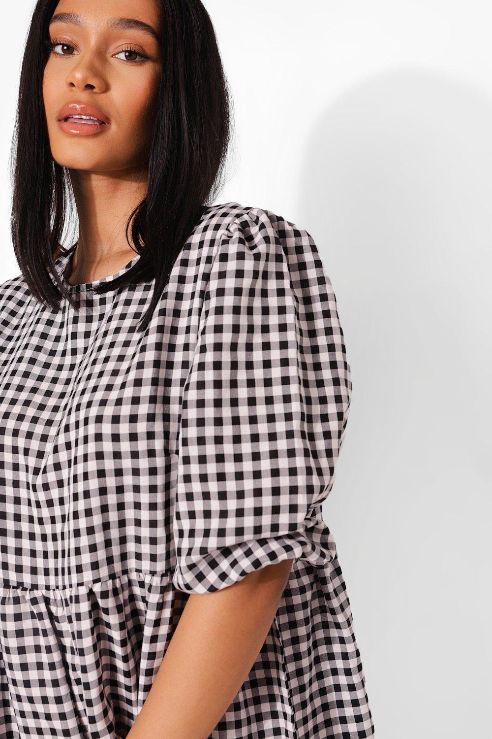 Gingham Puff Sleeve Frill Hem Midi Smock Dress