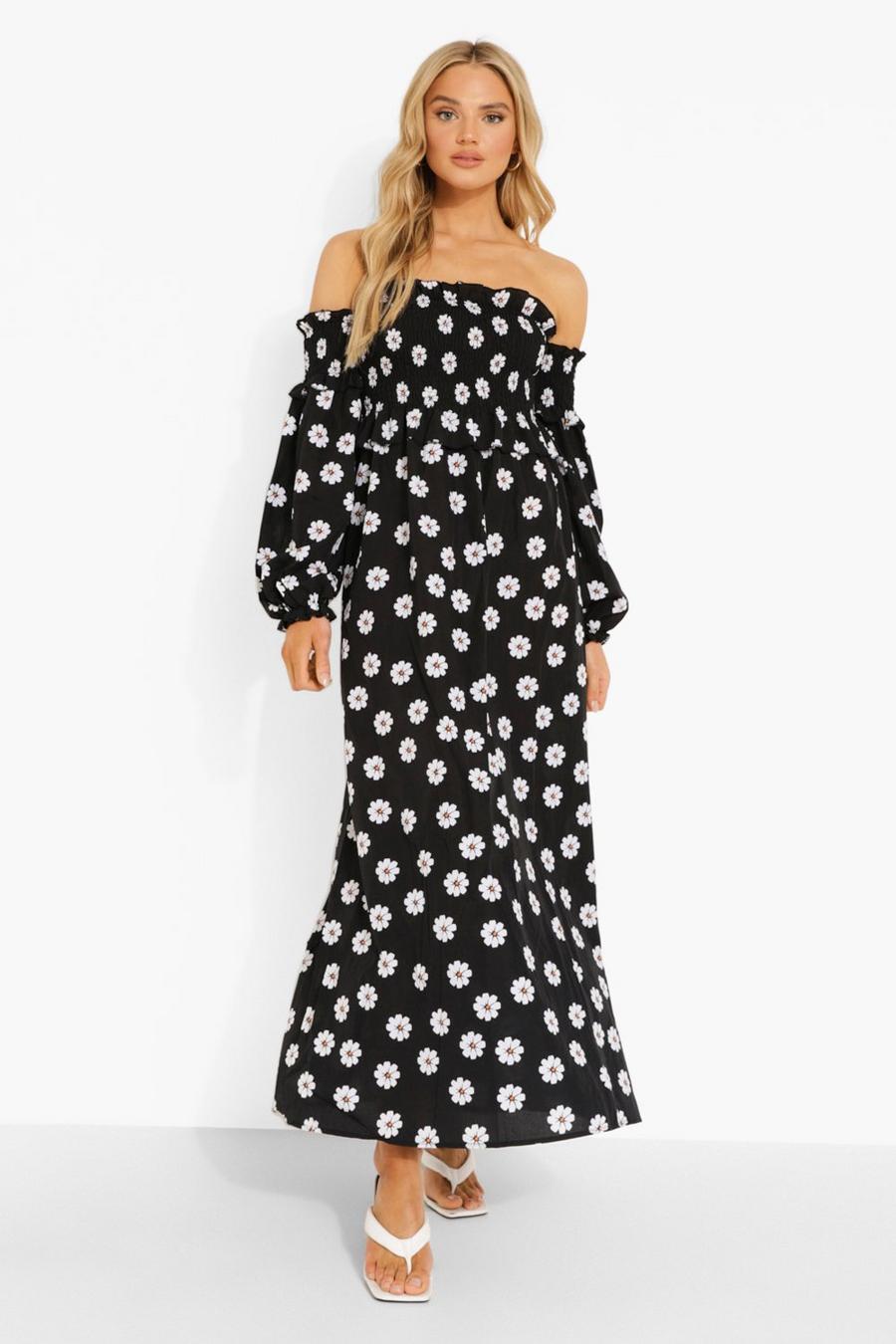 Black Daisy Off The Shoulder Balloon Sleeve Shirred Maxi Dres image number 1