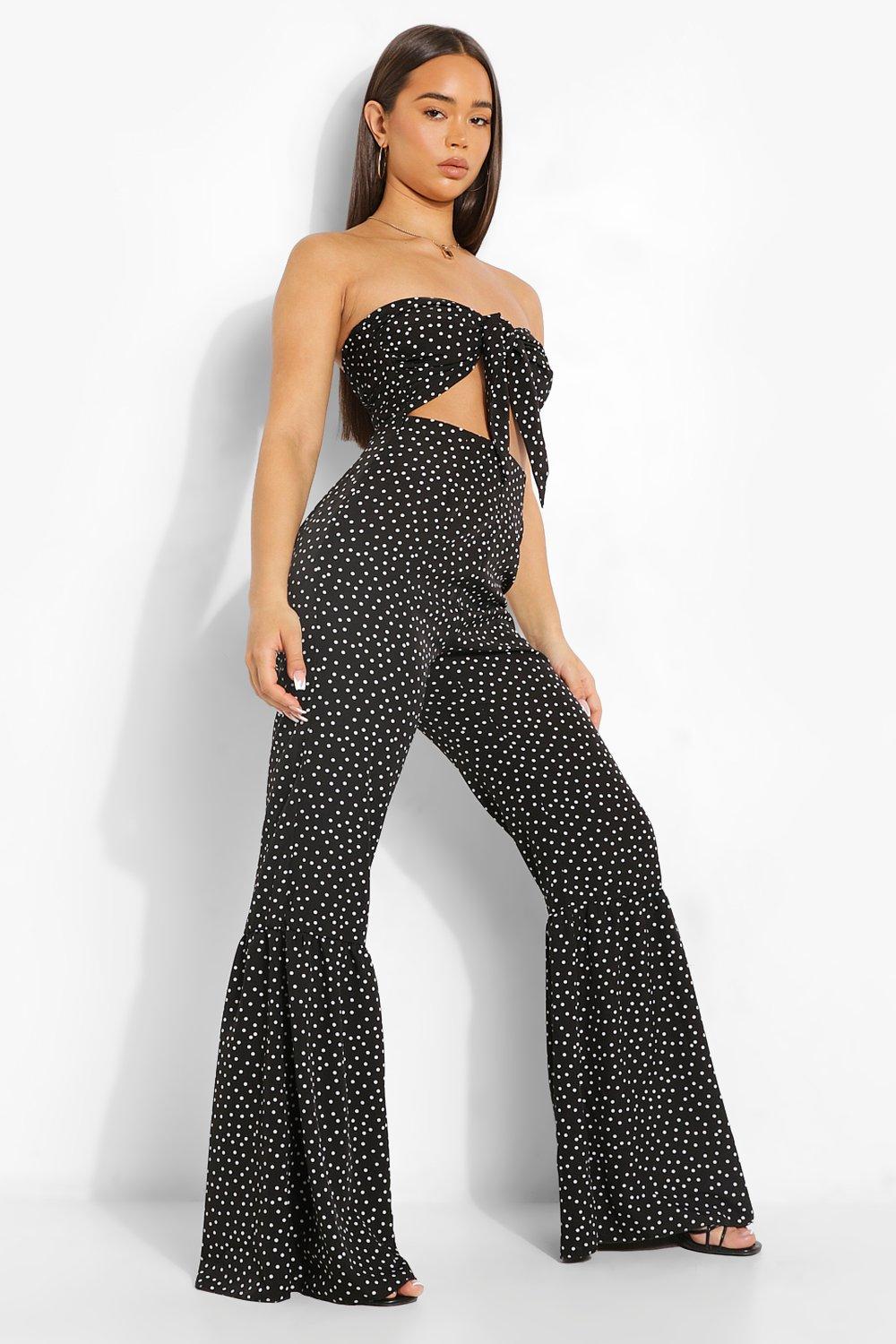 Polka Dot Bandeau Flared Jumpsuit boohoo