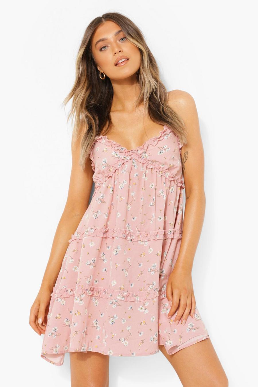 Pink Floral Strappy Tiered Ruffle Swing Dress image number 1