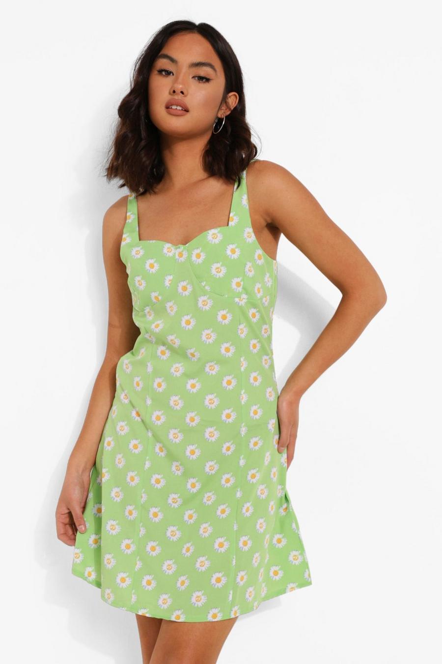 Green Daisy Print Sweatheart Swing Dress image number 1
