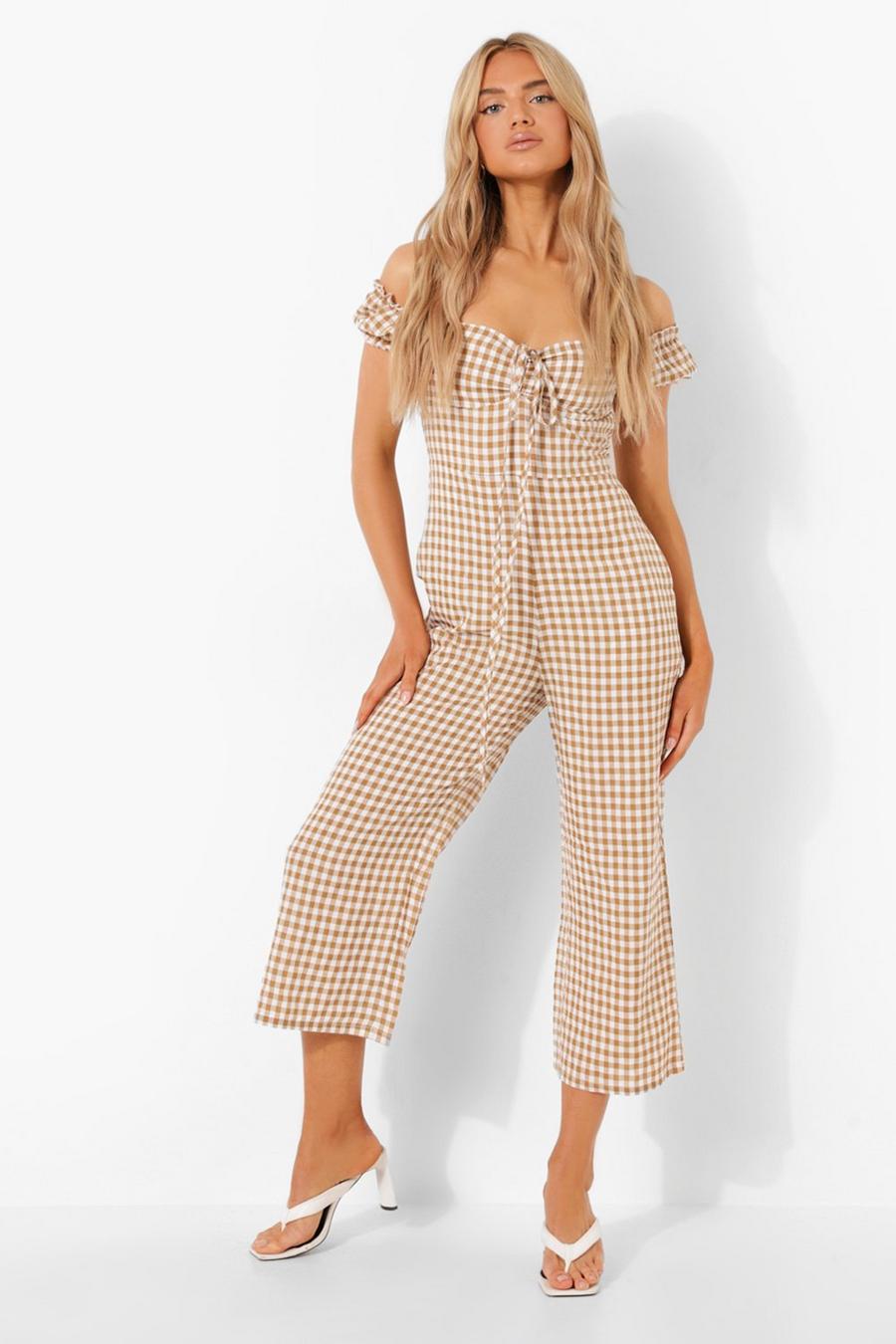Gingham schulterfreier Culotte Jumpsuit, Stone image number 1