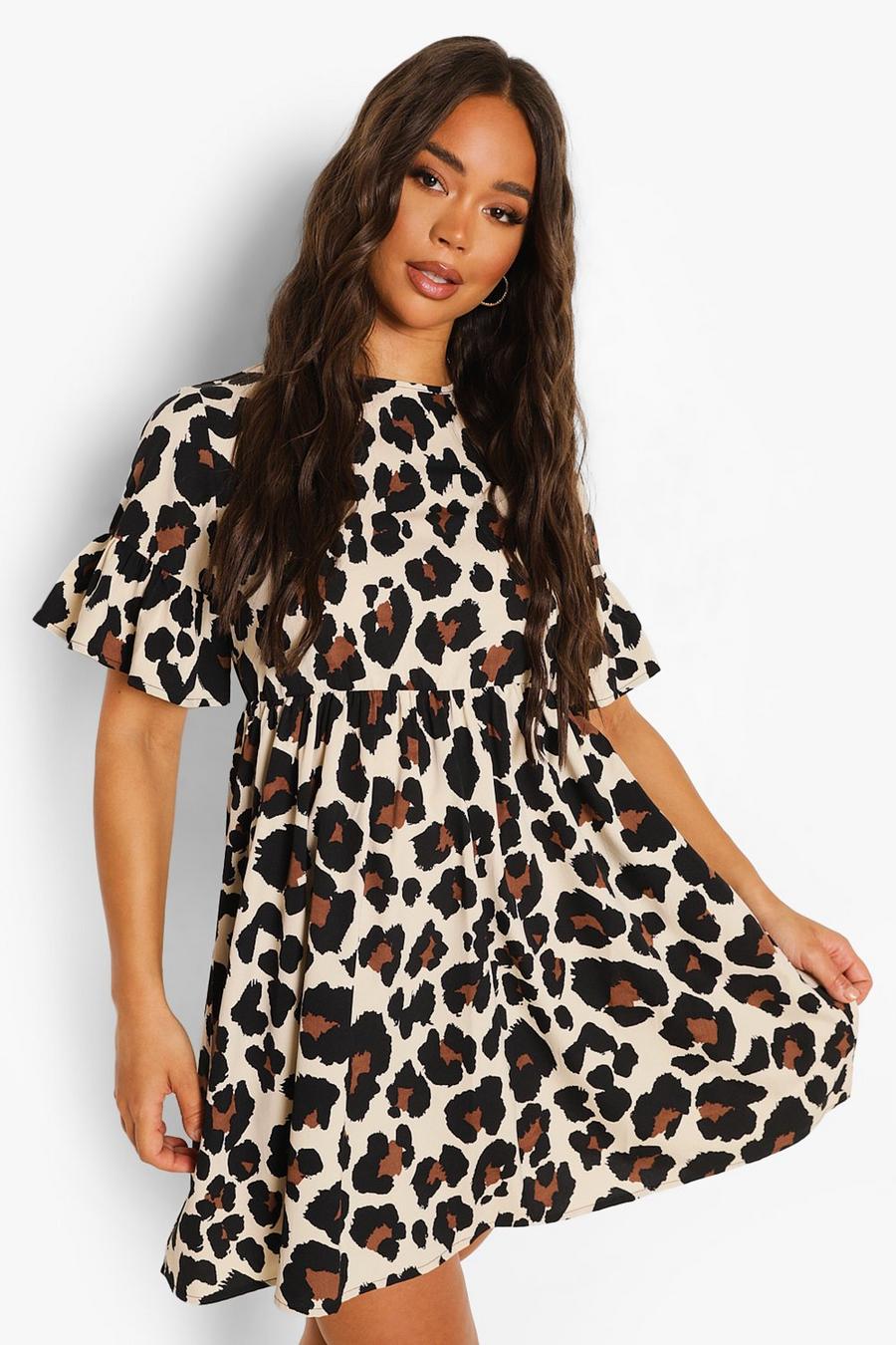 Tan brown Woven Leopard Print Smock Dress image number 1