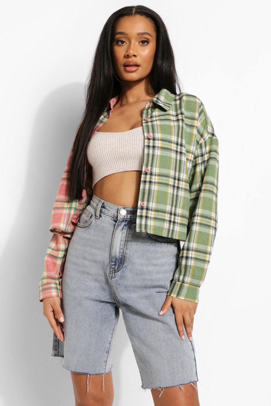 Pink Cropped Checked Flannel Shirt image number 1