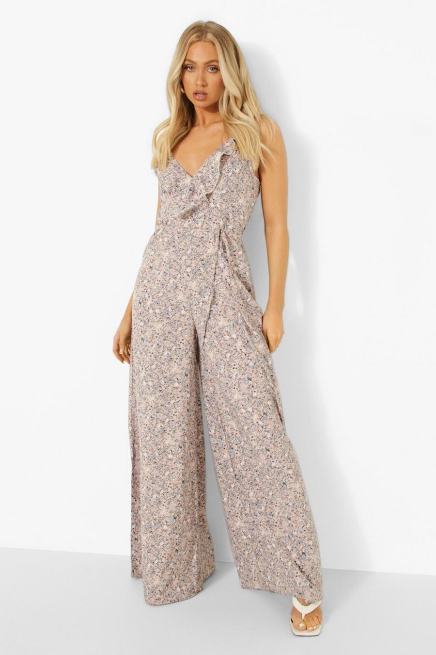 Stone Floral Ruffle Wrap Wide Leg Jumpsuit image number 1