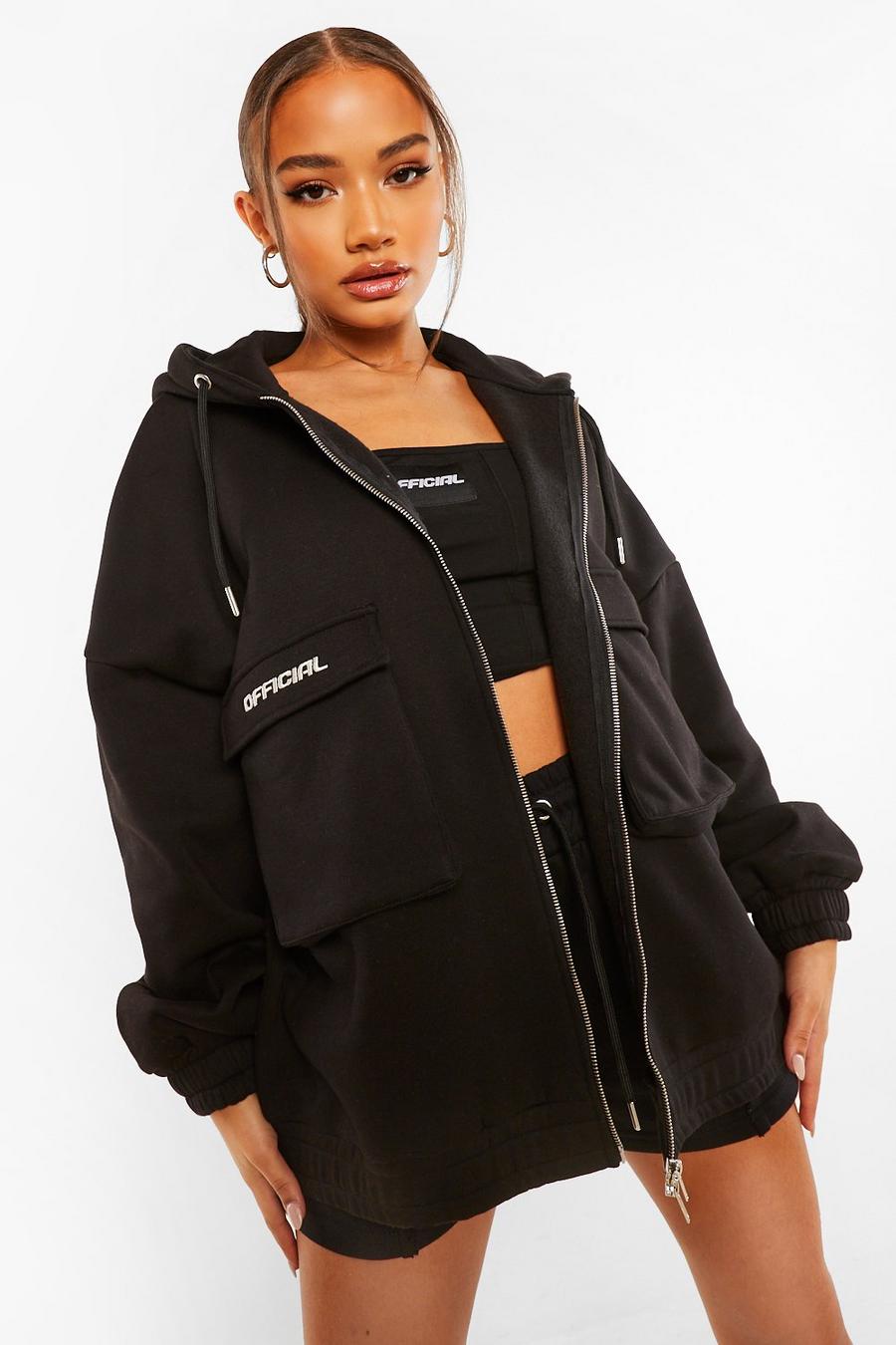 Black Official Oversize hoodie i utilitystil med dragkedja image number 1