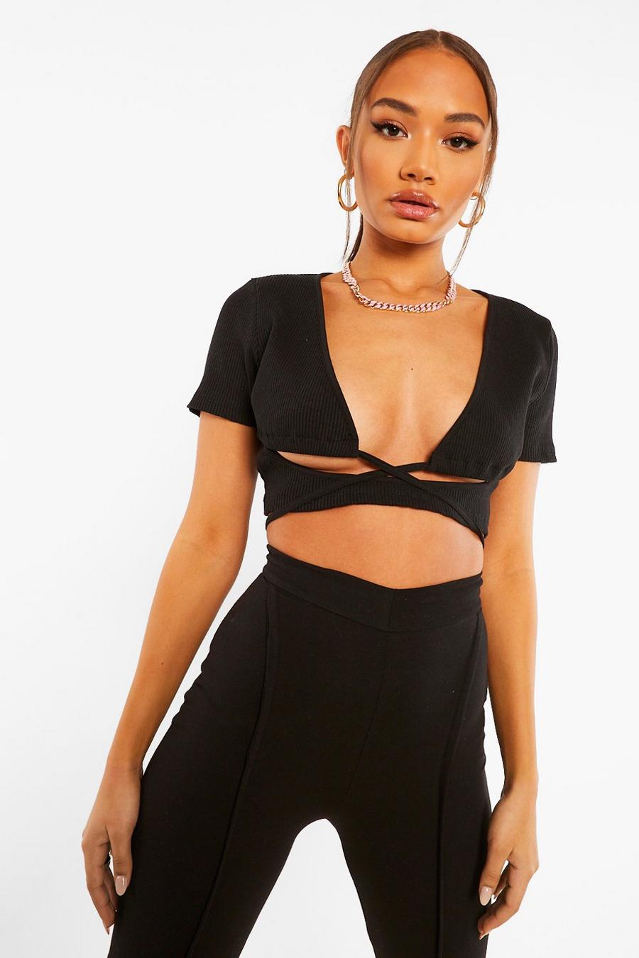 Black Wrap Around Cut Out Crop Top image number 1