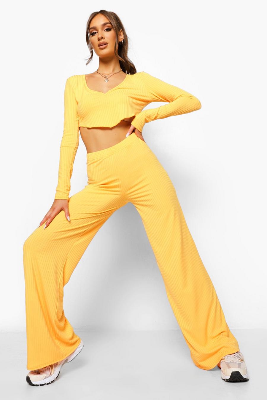 Orange Ribbed V Front Crop And Wide Leg Trousers image number 1