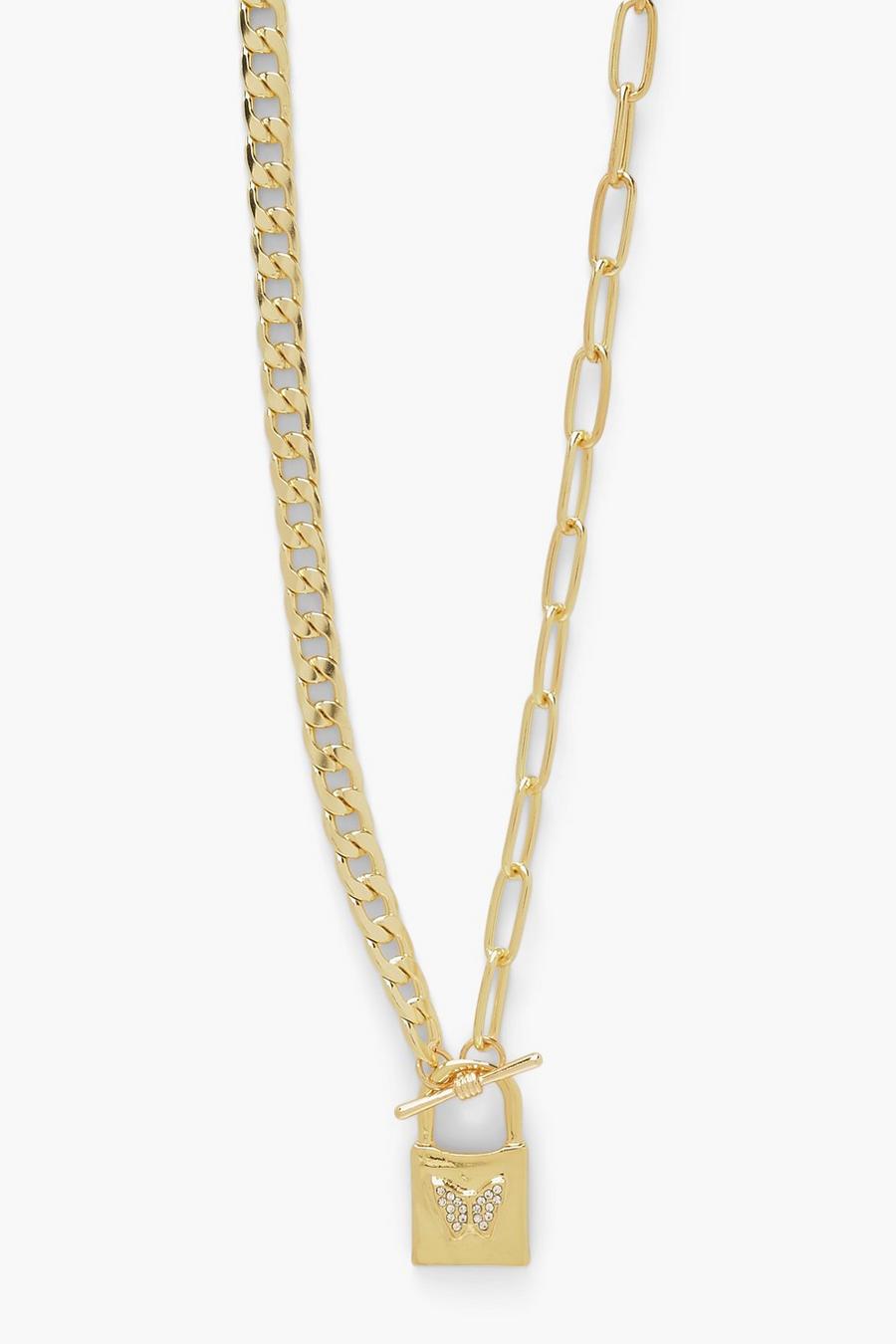 Gold Diamante Butterfly Lock T Bar Necklace image number 1