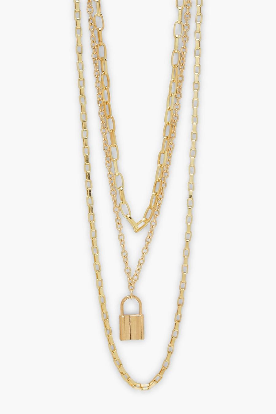 Mehrlagige Halskette mit Vorhängeschloss , Gold image number 1