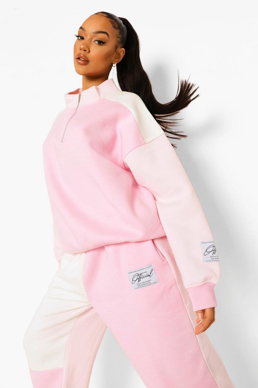 Pullover mit Colorblock, kurzem Reißverschluss und Official-Label, Rosa image number 1