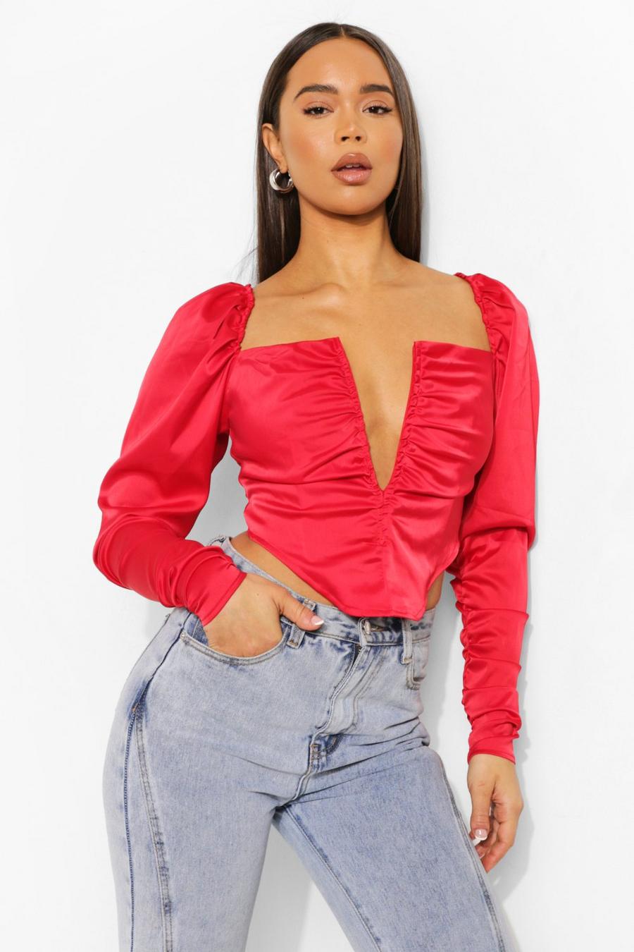 Red Puff Sleeve Plunge Asymmetric Hem Top image number 1