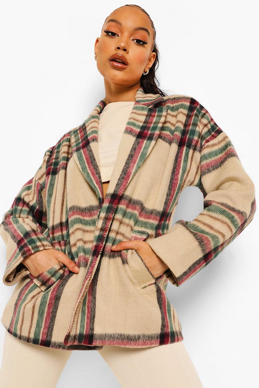 Manteau effet laine oversize à carreaux, Stone image number 1