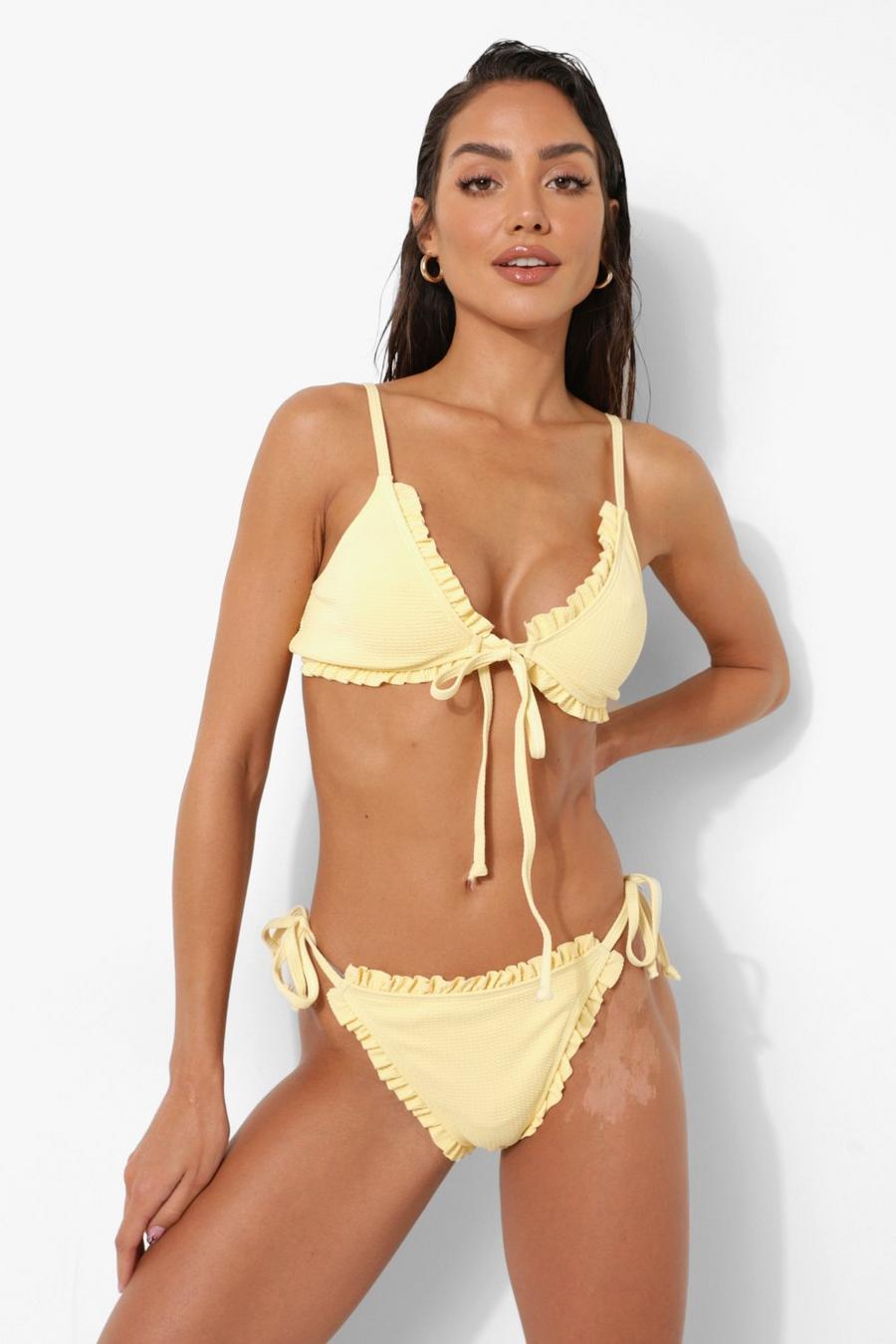 Lemon Frill Edge Tie Front Bikini Crop Top image number 1