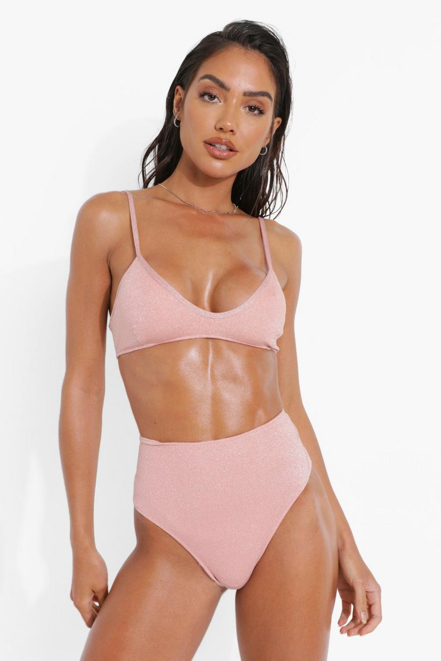 Slip bikini a vita alta con glitter, Oro rosa image number 1