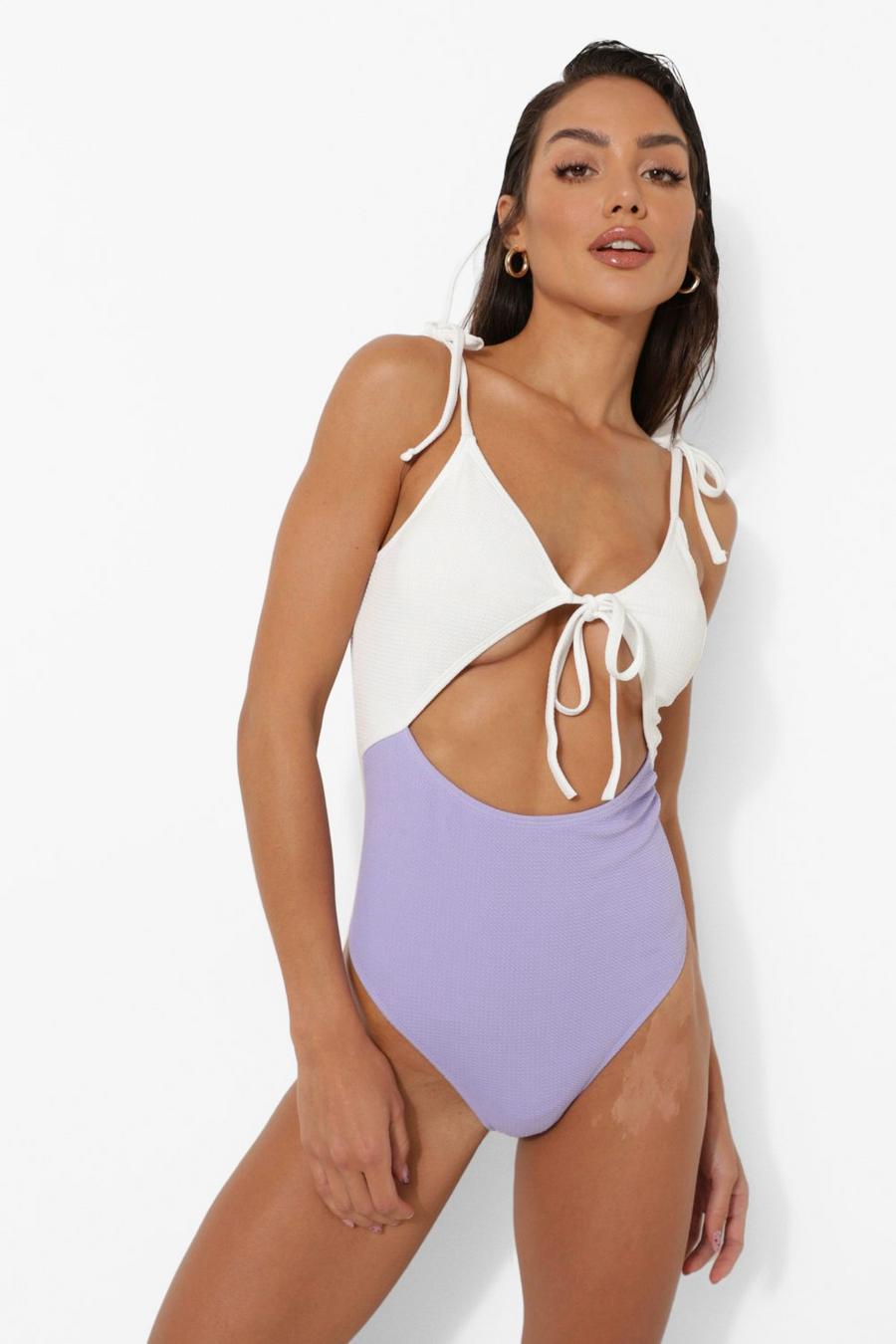 Lilac Pastel Textured Keyhole Detail Swimsuit image number 1