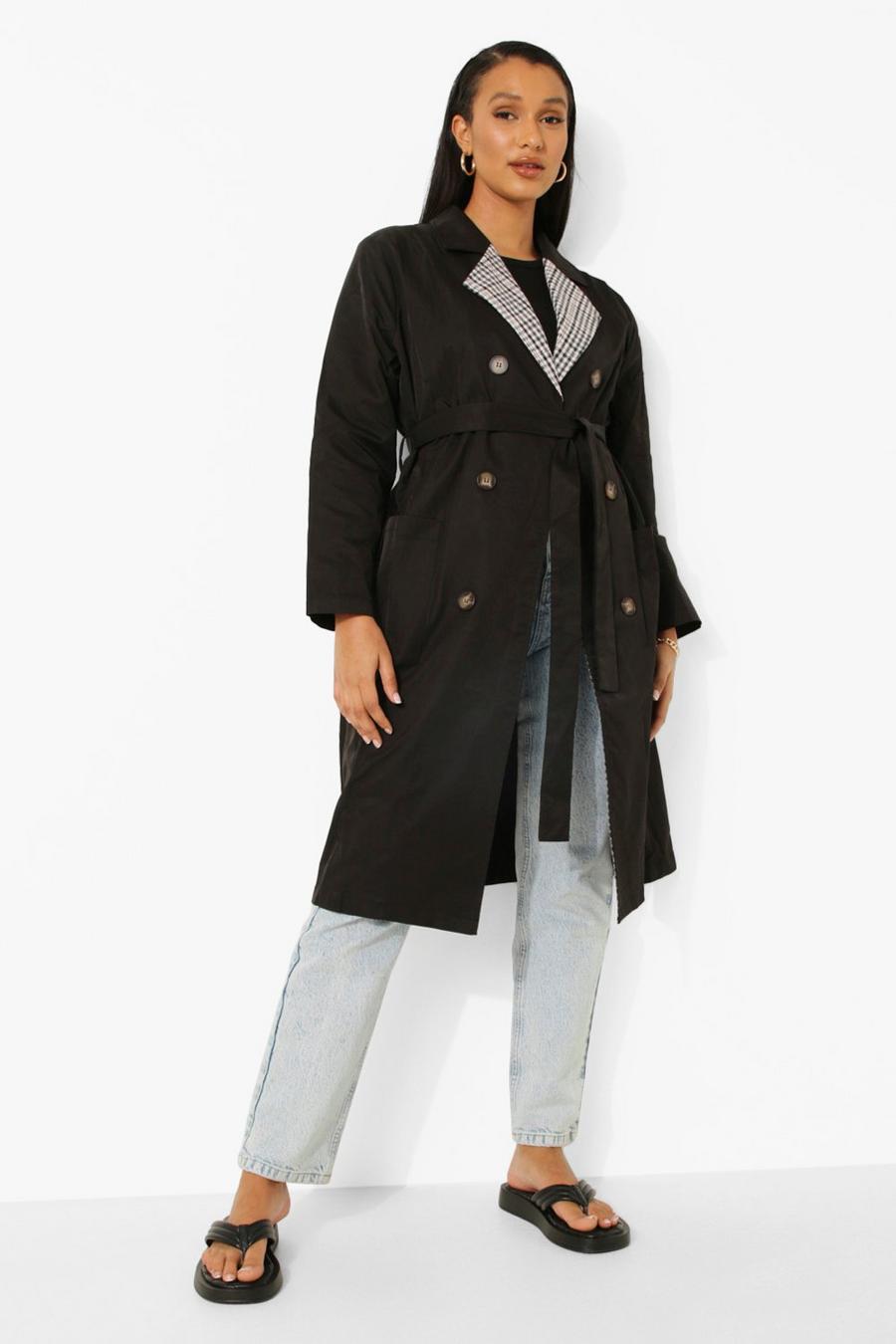 Black Check Collar Belted Trench Coat image number 1
