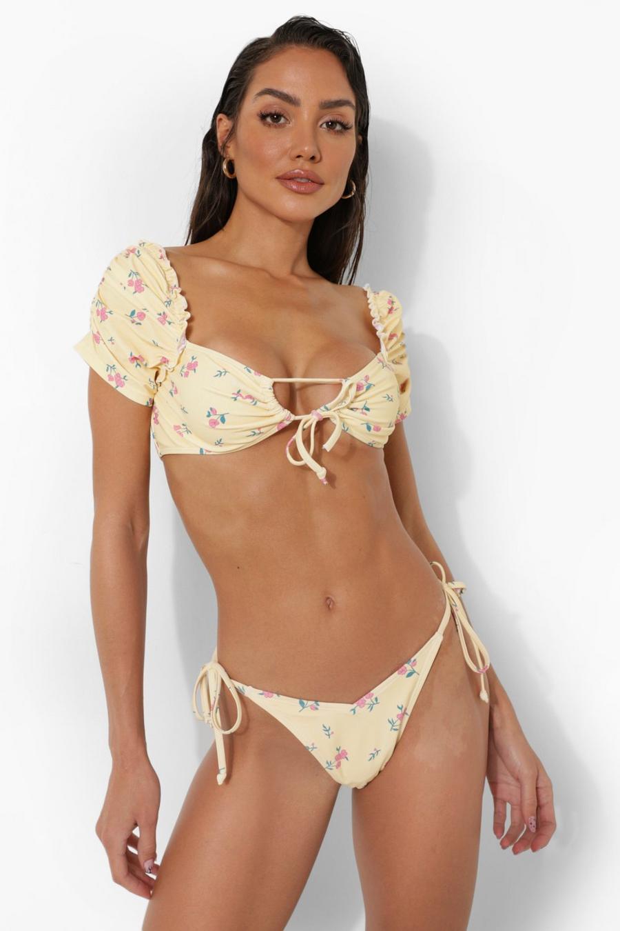 Lemon Floral Gathered Front Bikini Crop Top image number 1