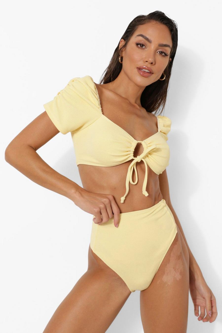 Strukturierte Bikinihose mit hohem Bund, Lemon image number 1