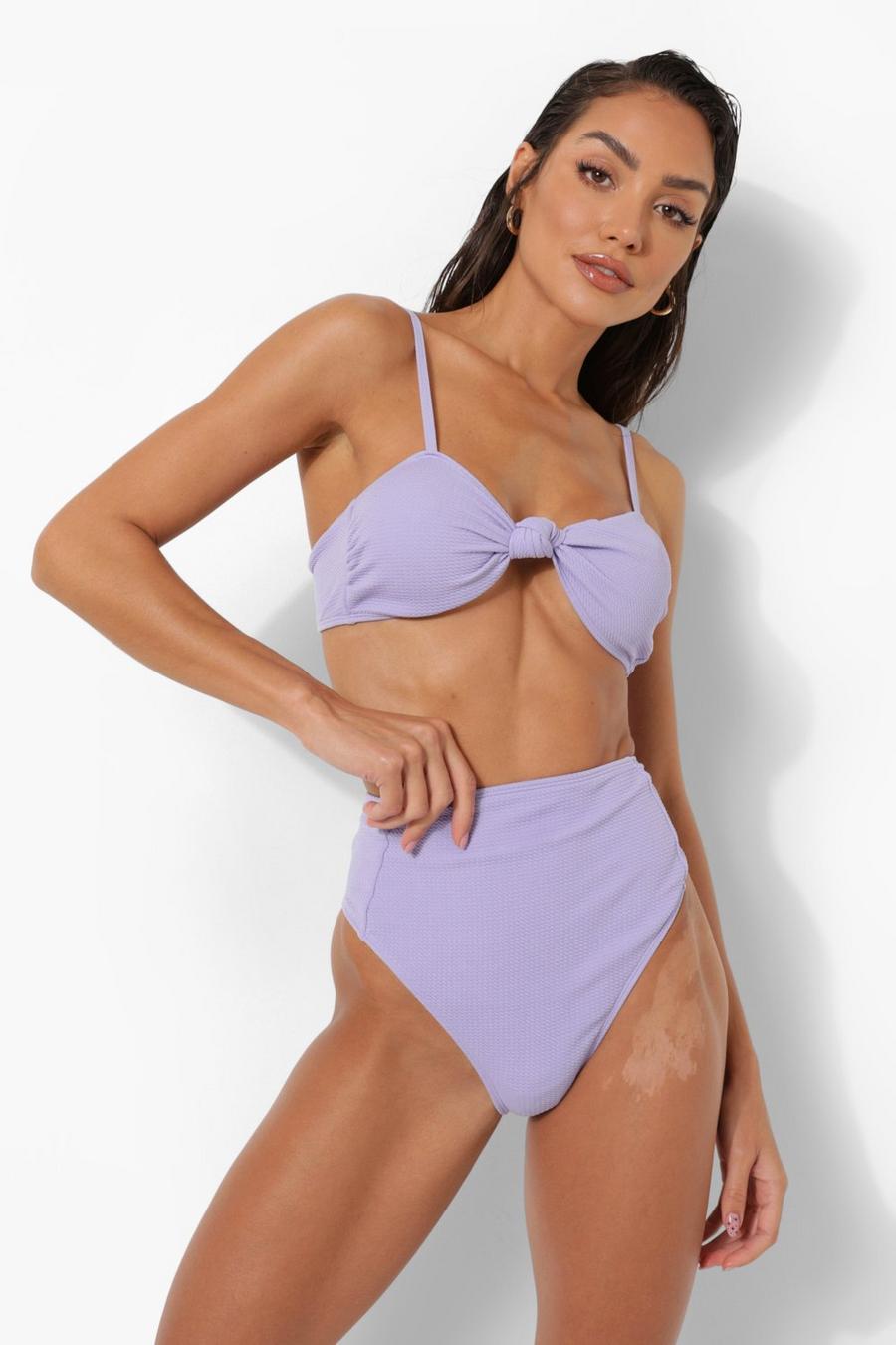 Lilac morado Knot Front Textured Bandeau Bikini Top