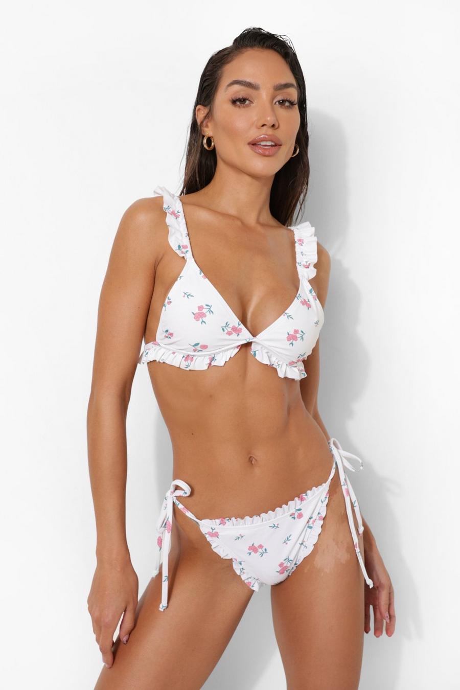 White Floral Frill Detail Triangle Bikini Top