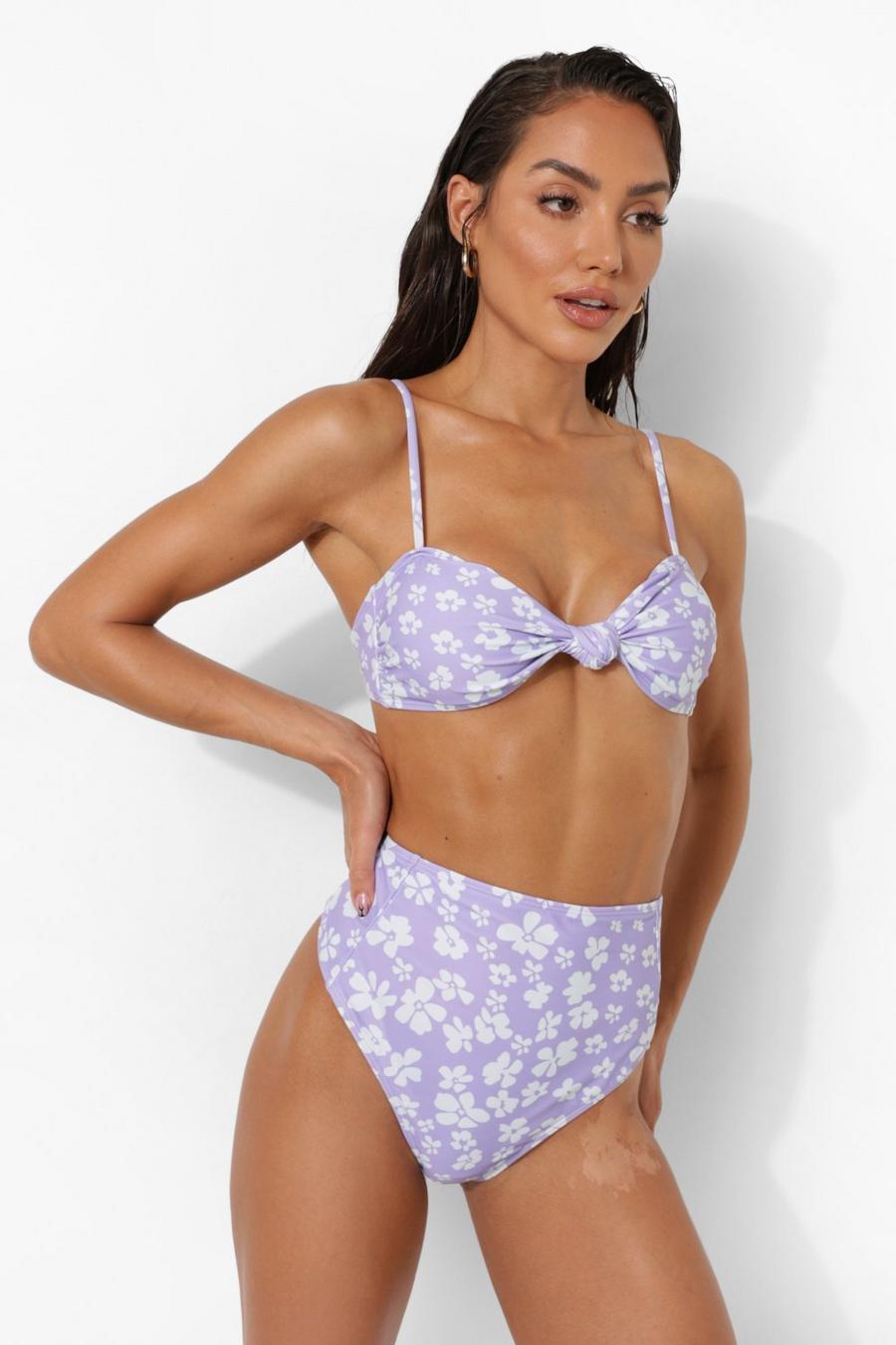 Lilac purple Floral Knot Front Bandeau Bikini Top