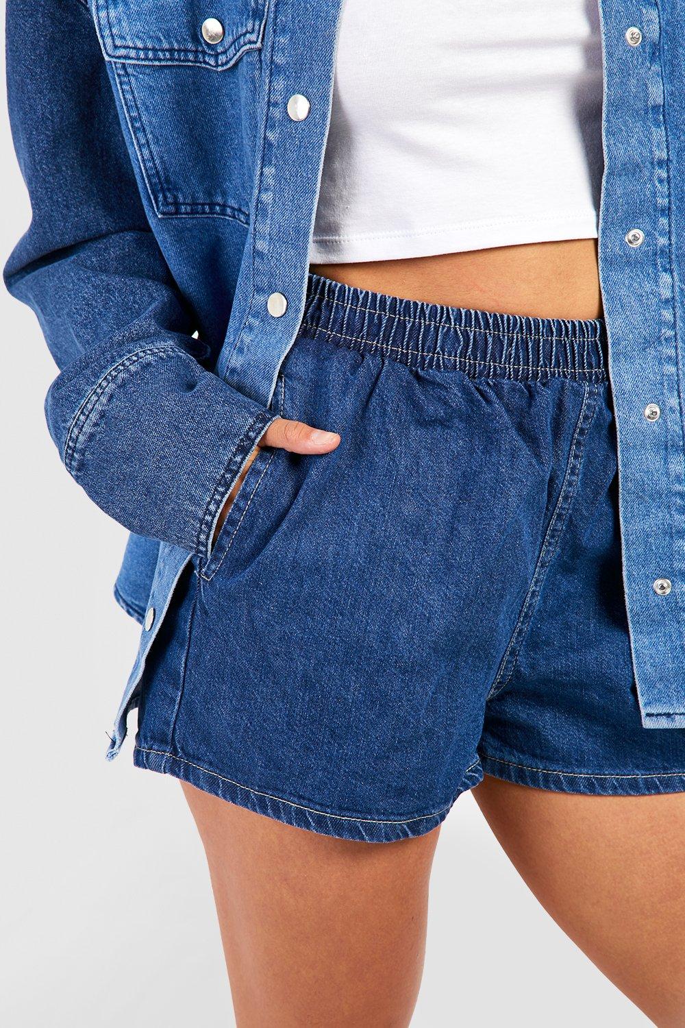 High waist elastic close-fitting irregular denim shorts women's