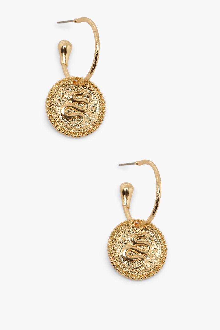 Pendientes de aro con minicolgante de moneda con serpiente , Dorado image number 1