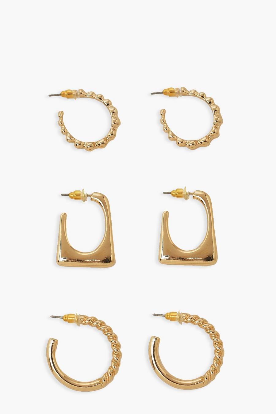 Gold Mix 3 Pack Bobble Twist And Square Hoops image number 1