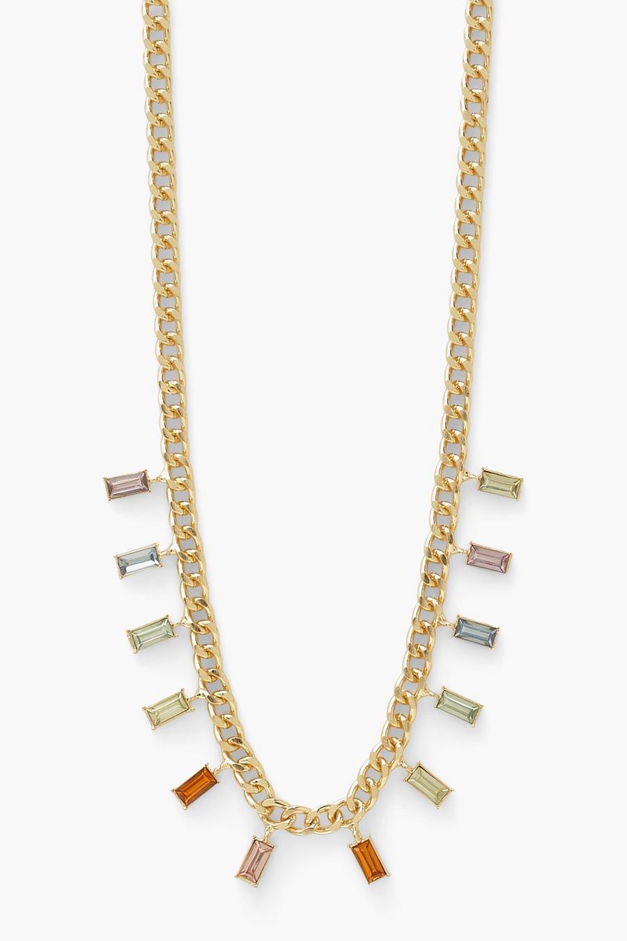 Gold Square Drop Rainbow Rhinestone Necklace image number 1