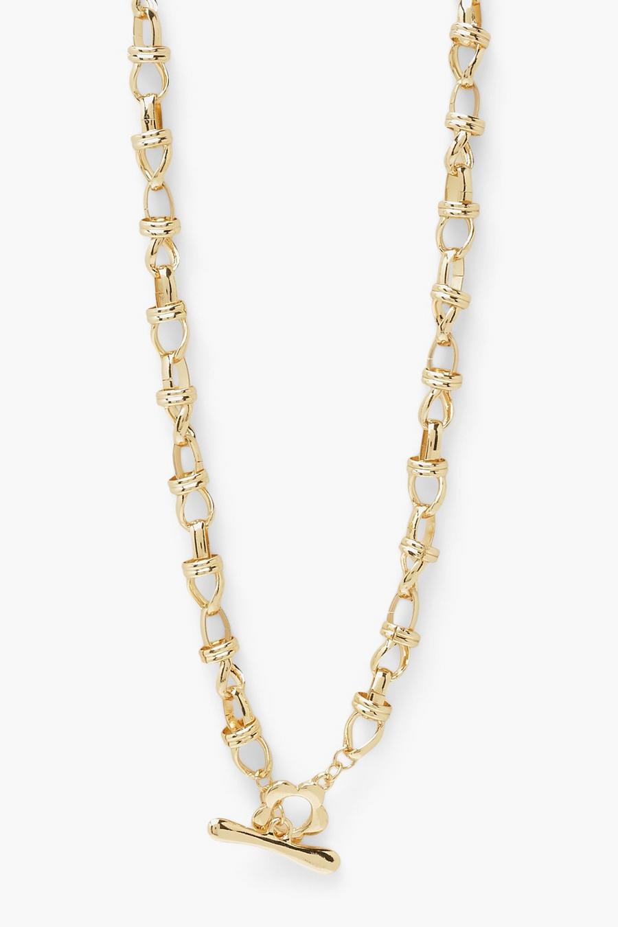 Grobe Halskette mit Knebelknöpfen und T-Steg mit Blumenmotiv , Gold image number 1