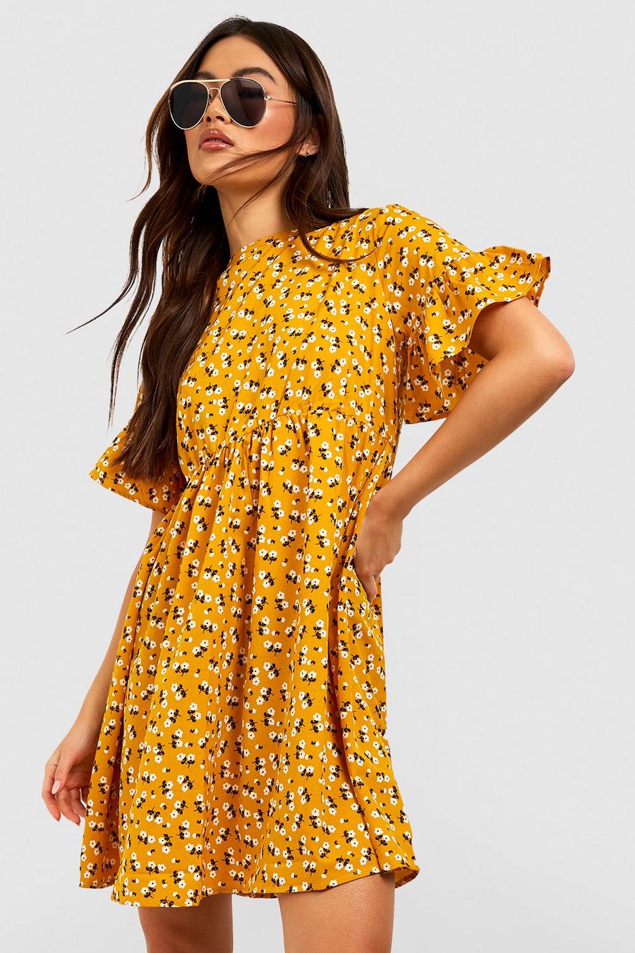 Mustard yellow Småblommig klänning med volanger