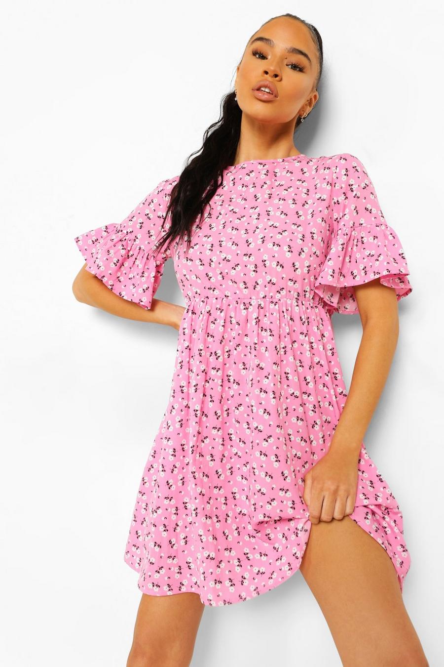 Pink Woven Ditsy Floral Smock Dress