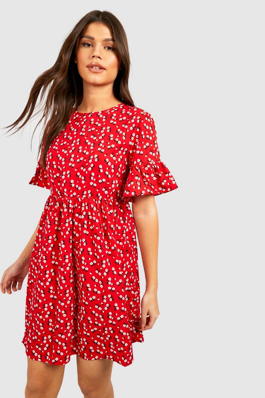 Vestido holgado de tela con estampado de flores, Rojo rosso
