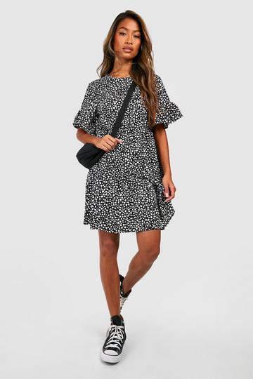 Black Woven Dalmatian Print Smock Dress