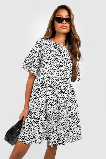 Woven Dalmatian Print Smock Dress ivory