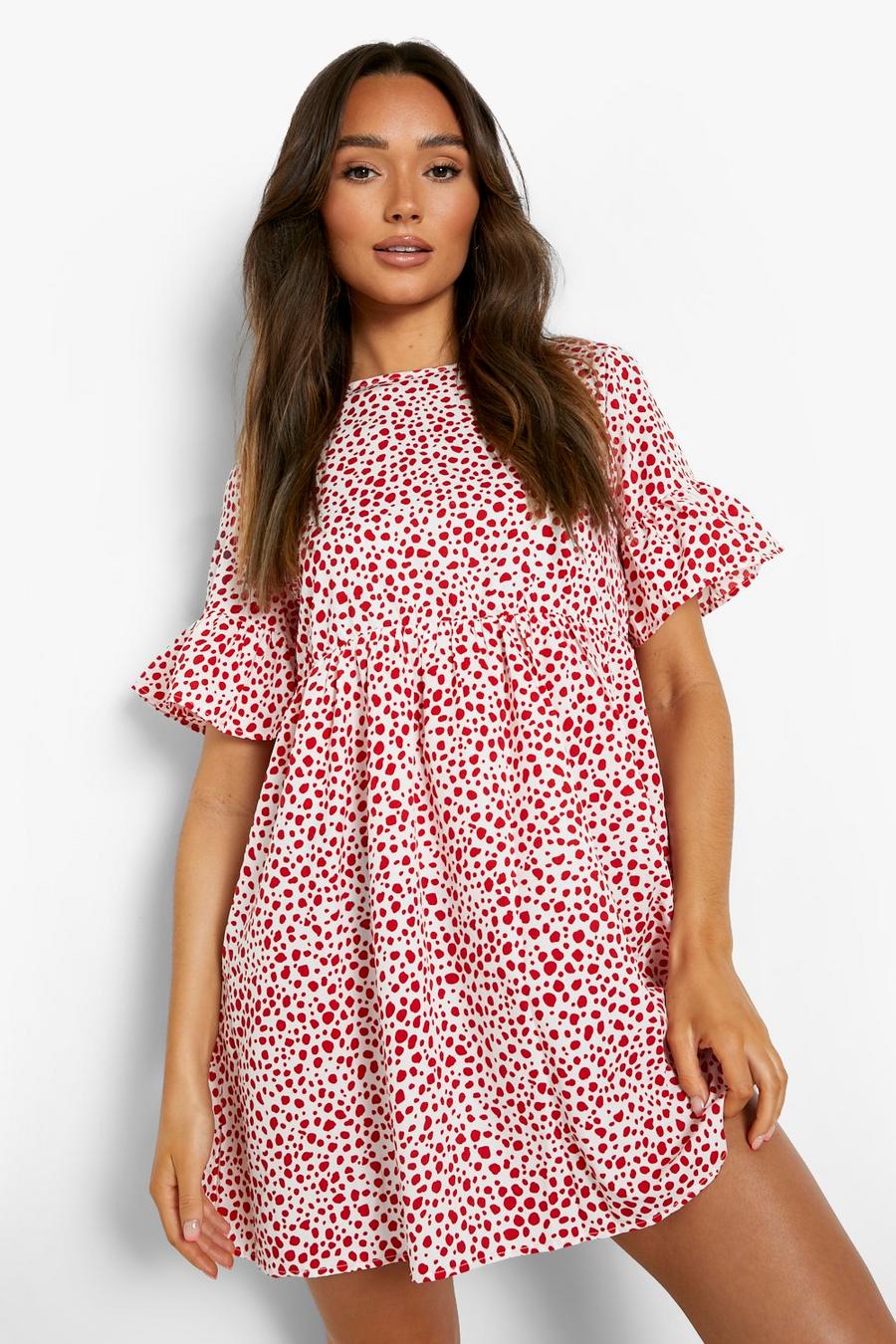 Red Woven Dalmatian Print Smock Dress image number 1