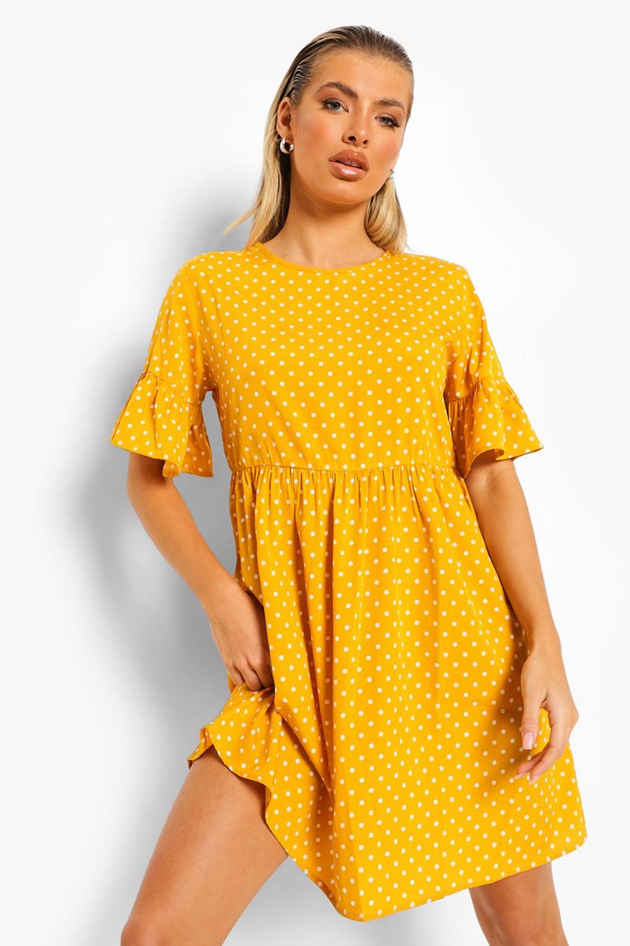 Vestido holgado de tela con estampado de lunares, Mostaza amarillo