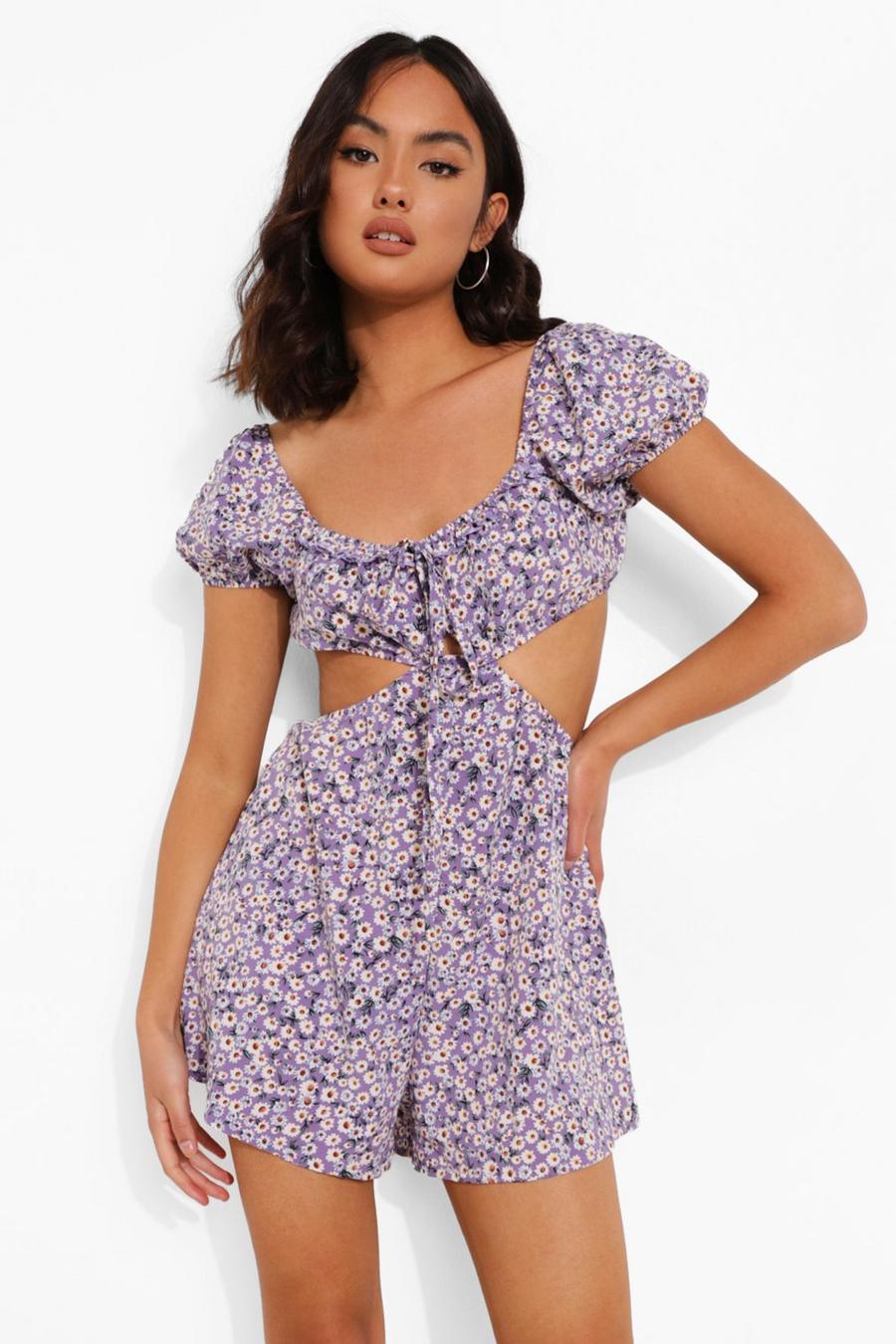 Lilac Floral Cut Out Puff Sleeve Playsuit image number 1