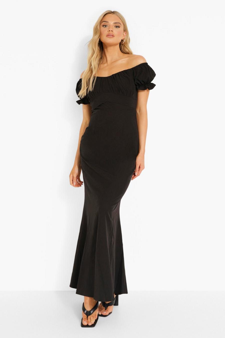 Black Bardot Frill Sleeve Shirred Bust Maxi Dress image number 1