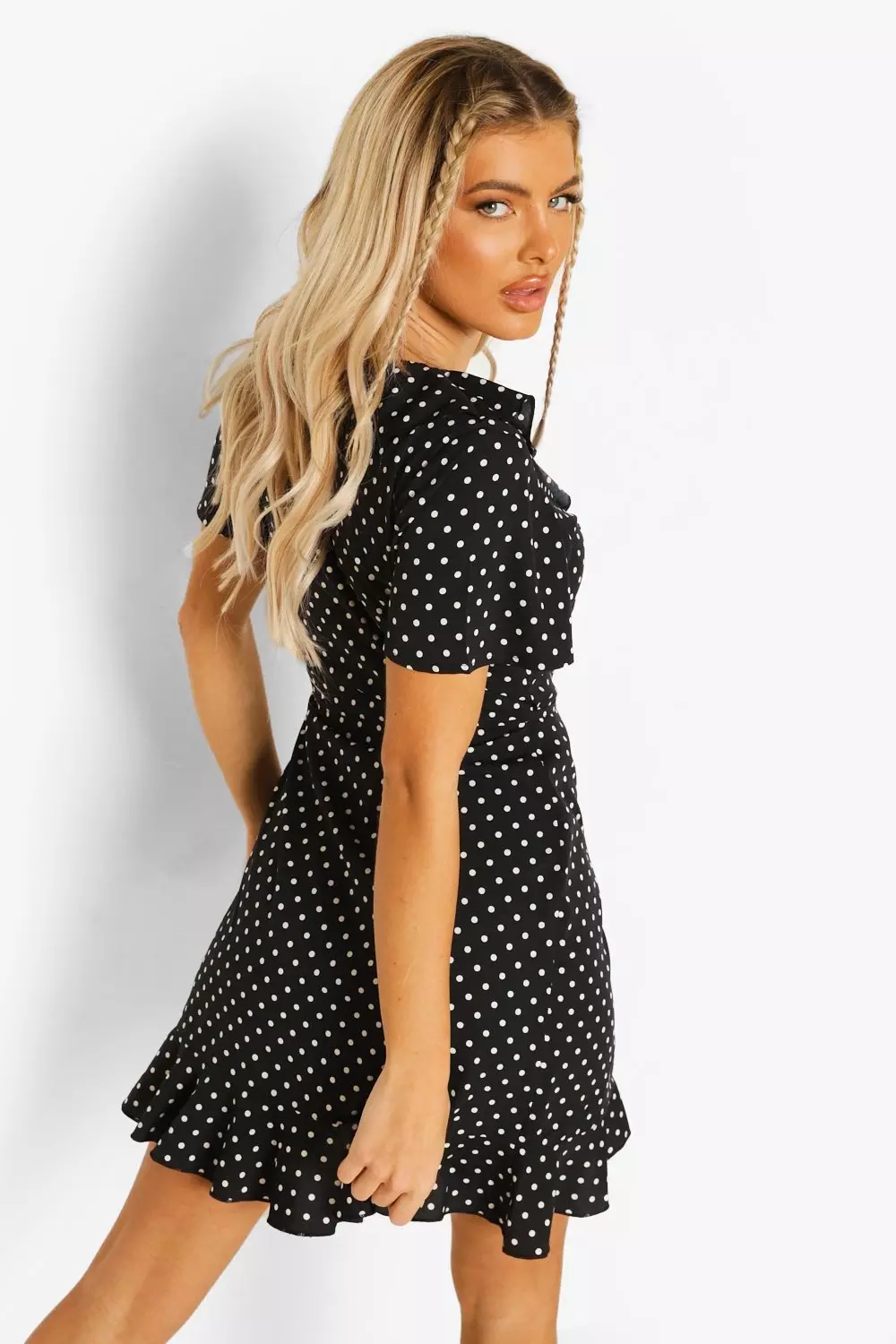 Polka dot wrap front ruffle shop tea dress